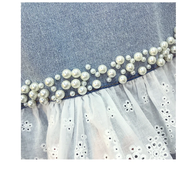 

Women Plus Size Vintage Lace Blue Demin Dress Beaded O Neck Single-breasted Sweet Mini Dresses Summer New Cowboy Street Clothing