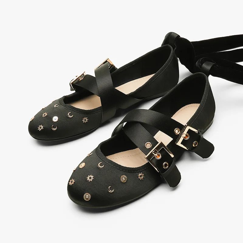 Балетки женские с круглым носком удобные туфли на плоской подошве металлическим