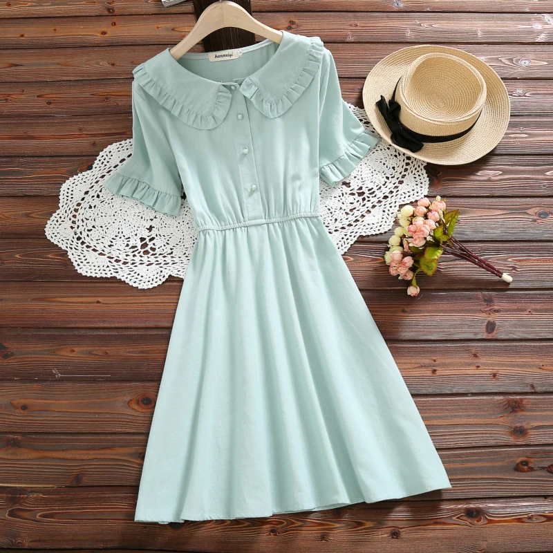 Женское платье с воротником Питер Пэн зеленое хлопково льняное в японском стиле