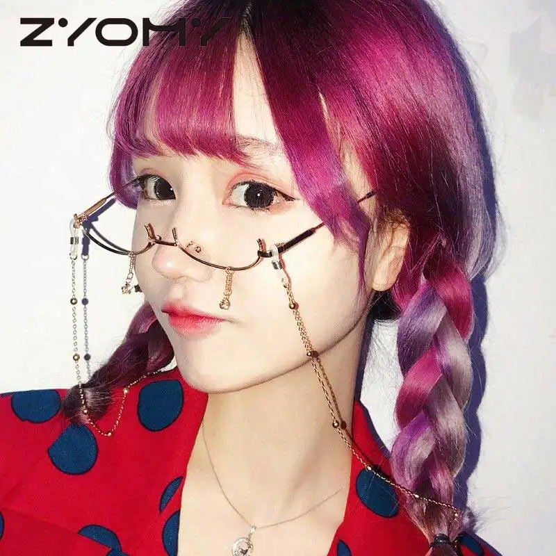 

Q Girls Glasses Water Drop Pendant Decoration Alloy Eyeglasses No Chain Brand Designer Half Frame Lensless Women Eyewear Fashion