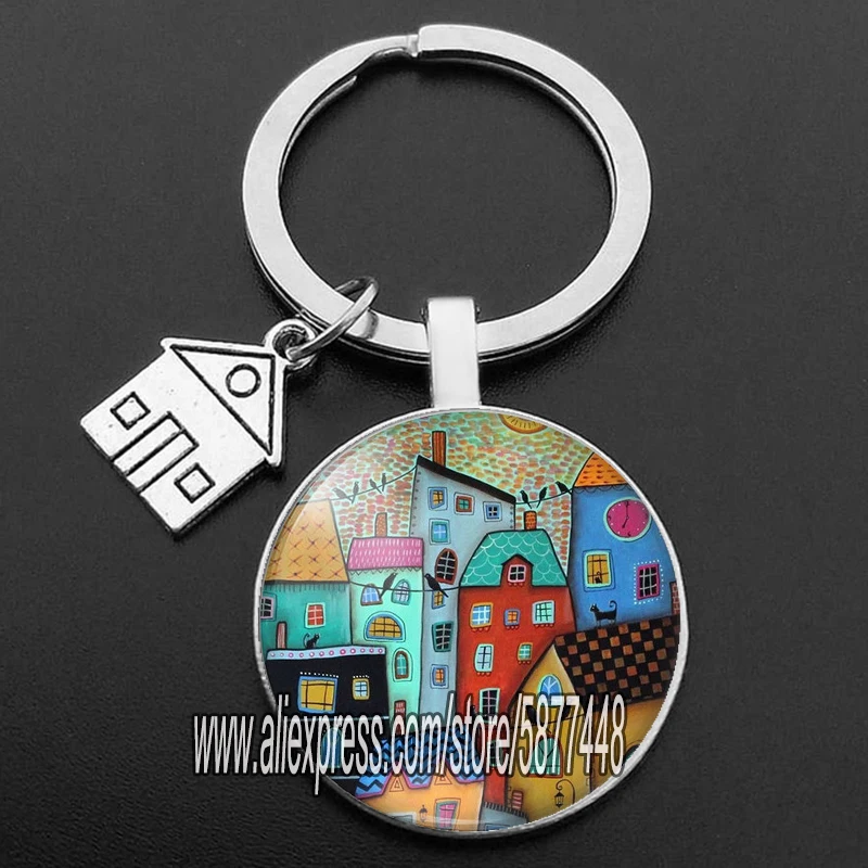 colorful painting town city building keychain beautiful house under the starry sky key ring for new home purse keyring for women free global shipping