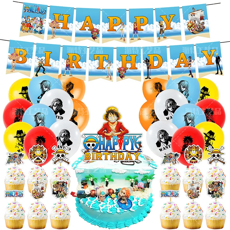 Anime One Piece Theme Baby Shower Party Event Decoration Set Luffy Balloon Flag Pulling Cake Card Scene Layout Supplies Kids Toy images - 6