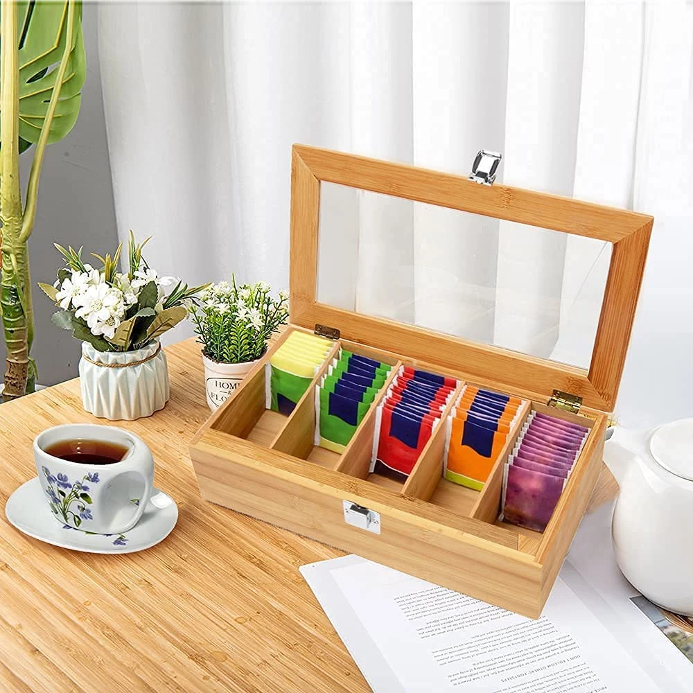 

Bamboo Tea Box Coffee Tea Bag Storage Holder Transparent Lid With 5 Separate Compartments Home Tea Bag Case Jewelry Holders