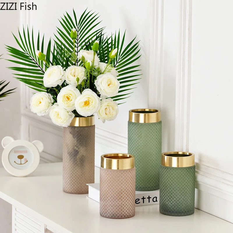 Ваза для дома стеклянные вазы зеленая сетка вставка с золотой каймой