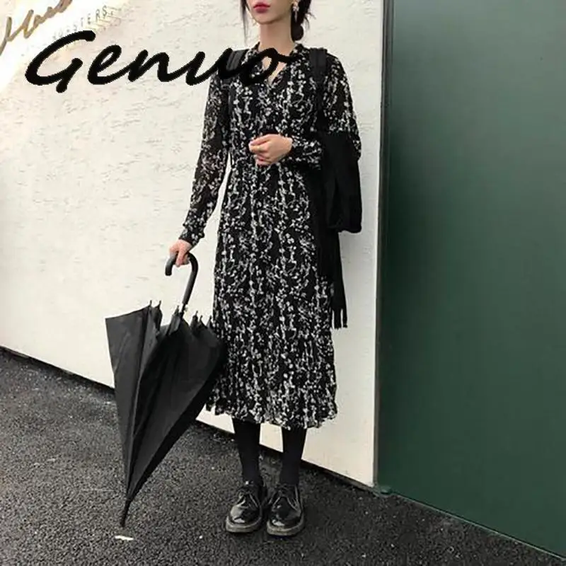 

Женское шифоновое платье Genuo, Элегантное Длинное плиссированное платье в Корейском стиле с длинным рукавом и цветочным принтом, осень 2019