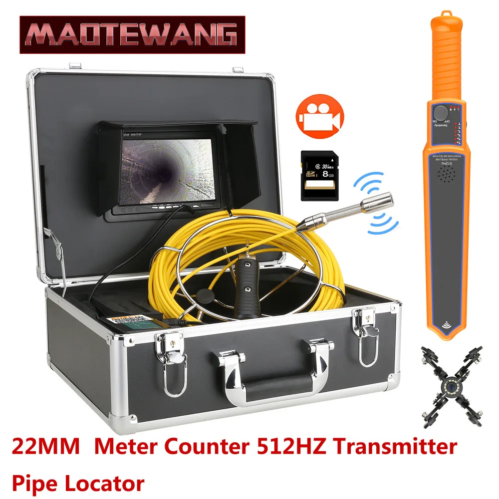 

7" DVR Sewer Pipe Inspection Video Camera with Meter Counter 512HZ Pipe Locator 22MM IP68 Pipeline Industrial Endoscope System