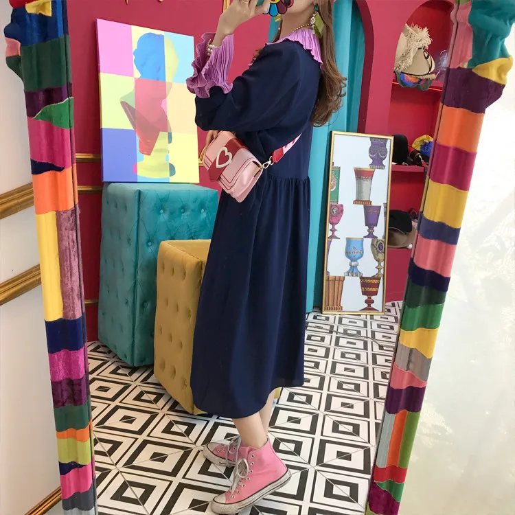 SHENGPALAE Новое весеннее лоскутное цветное платье с воротником Питер Пэн Vestidos с длинным рукавом свободного кроя большого размера корейское женское платье FS941