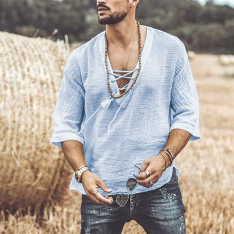 

Men's hollow linen T-shirt Men's sexy deep V-neck bandage T-shirt casual solid linen T-shirt shirt