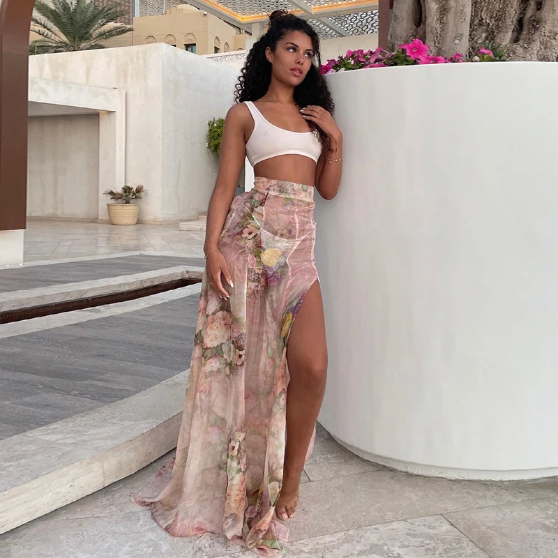 

BIIKPIIK Femal High Split Skirts Floral Print Beach Casual Mesh See Through Vacation Outifits Long Skirt Sexy Elegant Dresses