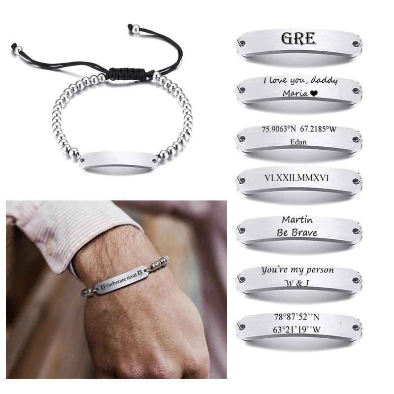 

PERSONALIZED MENS STAINLESS STEEL I.D BRACELET SILVER COLOR BEAD BALL BRACELET ENGRAVABLE NAME TAG GIFT HANDWRITING BRACELET