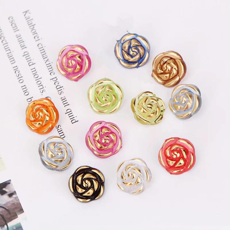 10pcs Crystal Buttons Candy Color Gold Edge Clear Rose Flower Acrylic Buttons for Decoration Handmade Craft Sewing Accessories
