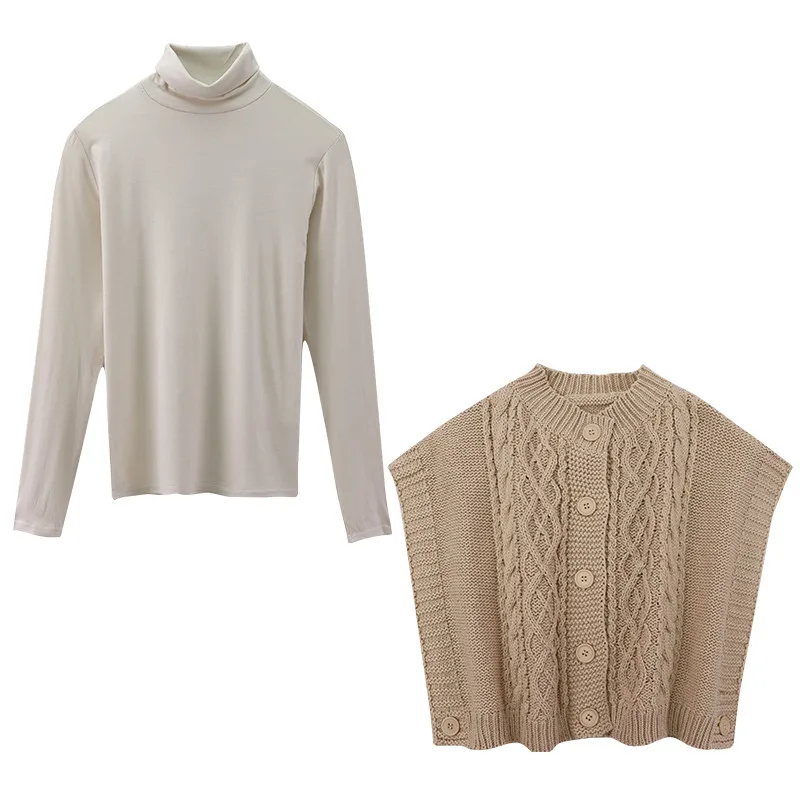 

Autumn Winter 2pc Sets Women 2020 New Fashion Two-piece Loose Twist Knitted Sweater Vest+turtleneck Long-sleeved Bottoming Shirt