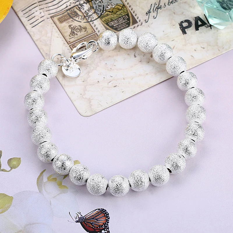 925 серебро 8 мм скраб бисера браслет цепь для женщин Свадебные ювелирные изделия -
