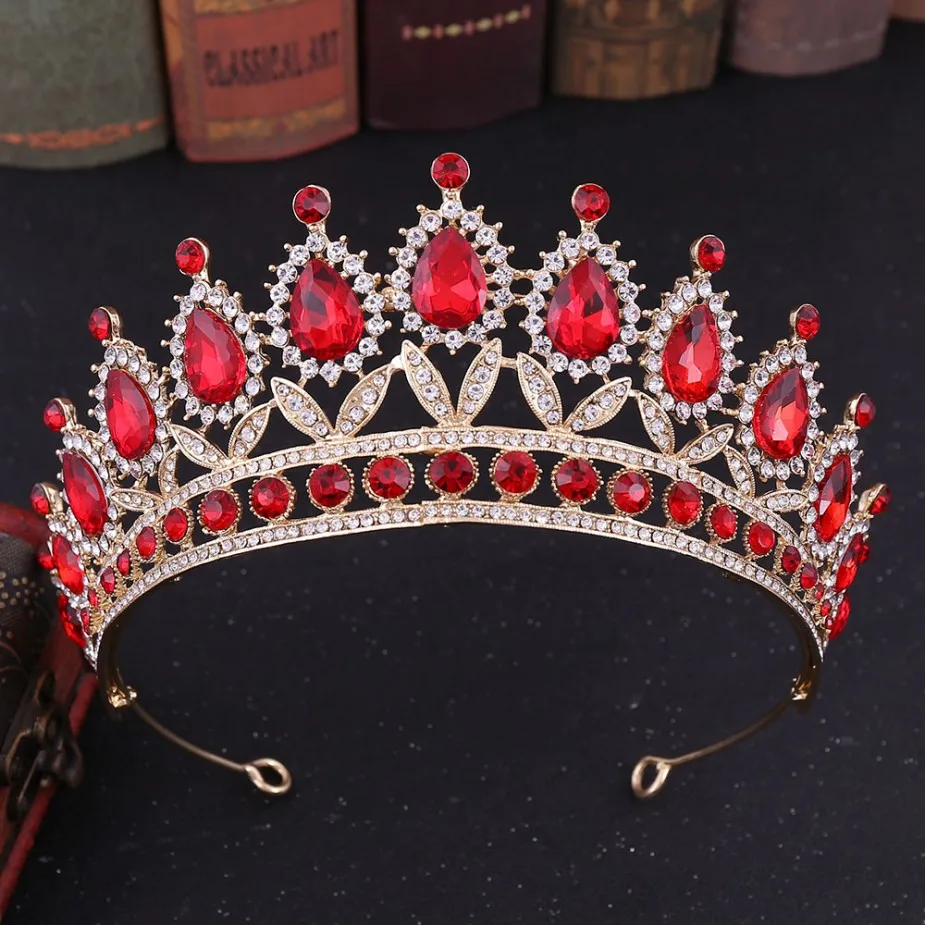 Gold Red No Comb Роскошная сверкающая Стразовая свадебная диадема с кристаллами для невесты украшения для волос головной убор - Окраска металла: Gold Red No Comb