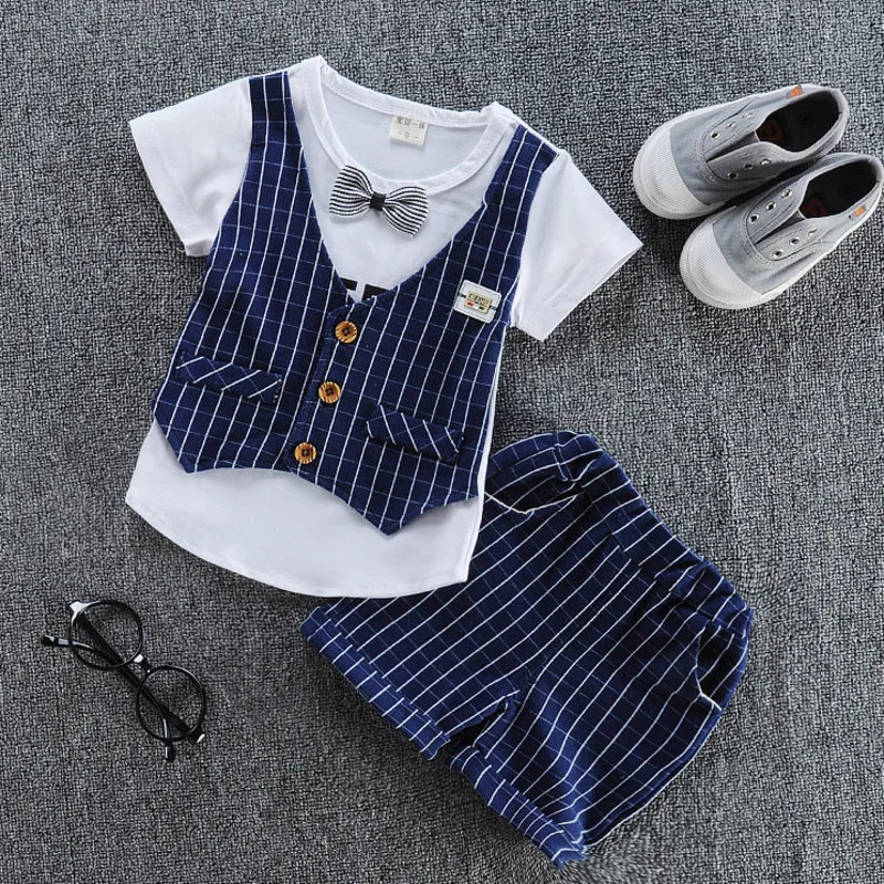 New Summer Children Gentleman Clothes Baby Boys Cotton Tie T Shirt Shorts 2Pcs/Set Kid Infant Clothing Toddler Fashion Tracksuit | Детская