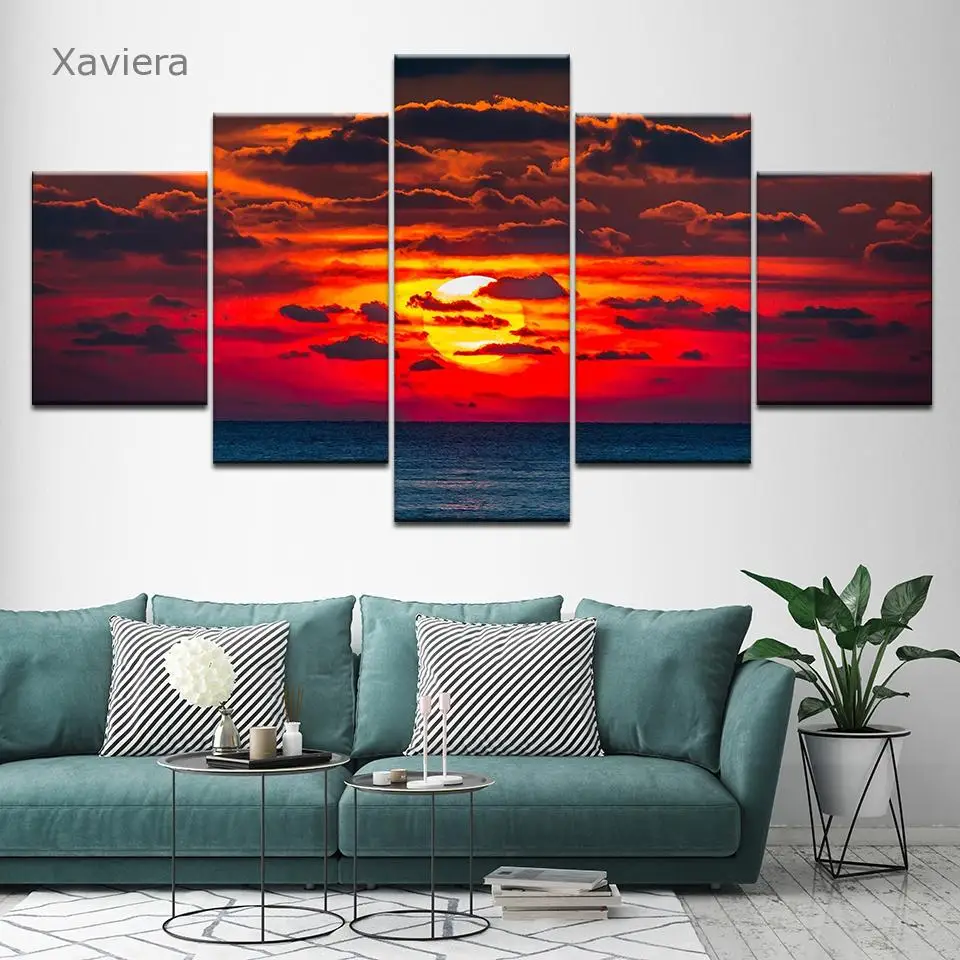 

Five Hd Canvas Painting Red Sky Sunset Landscape Art Poster Modular Mural Wall Home Decor Bedroom Picture Gift Artwork Frameless