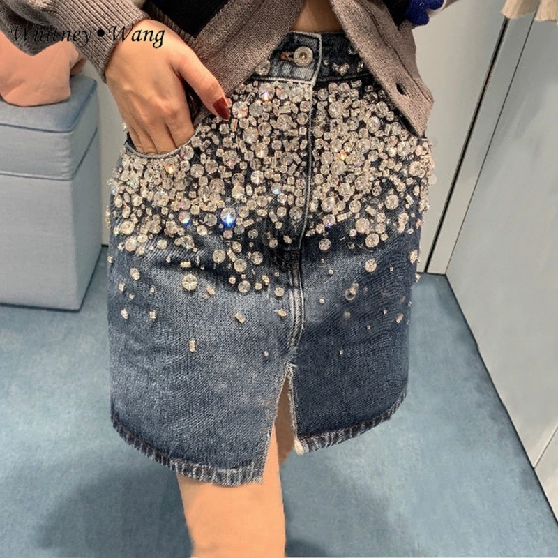 Женская джинсовая мини-юбка с блестящими бриллиантами WHITNEY WANG стильная уличная