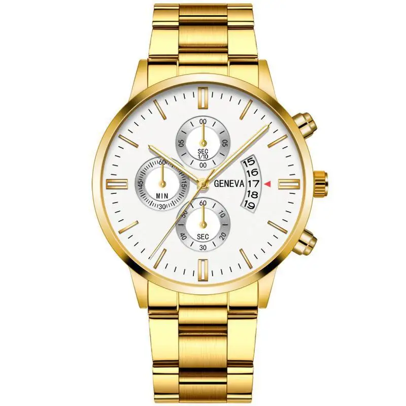 

Geneva Brand Luxury Business Men Watch Date Display Alloy Classic 3 Eyes Gold Watches Men Fashion Quartz Wristwatch Males Clock
