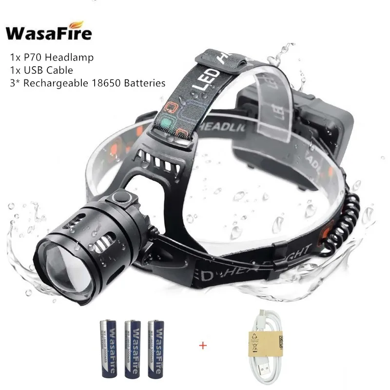 Супер яркий светодиодный налобный фонарь P70 перезаряжаемый через USB 10000 лм