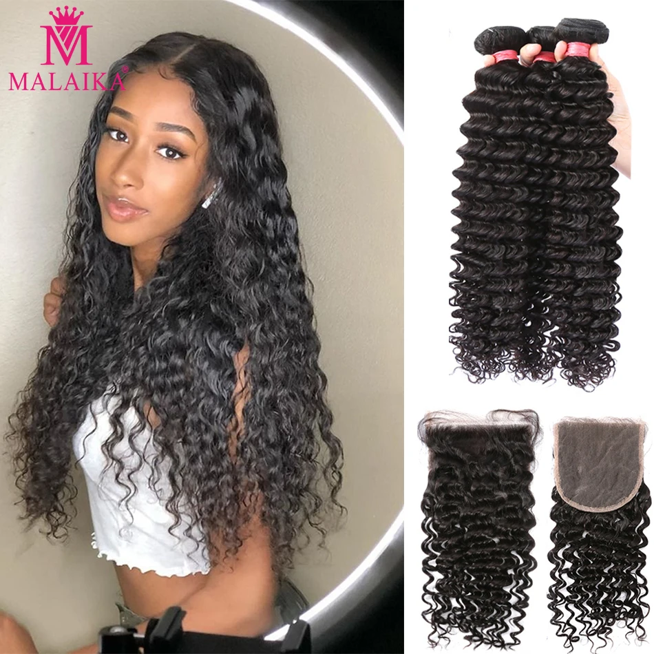 

Malaika Hair Deep Wave Hair Weave Bundles With 4X4 Closure 3 4 Bundles Curly Human Hair Bundles with Closure Frontal Water Wave
