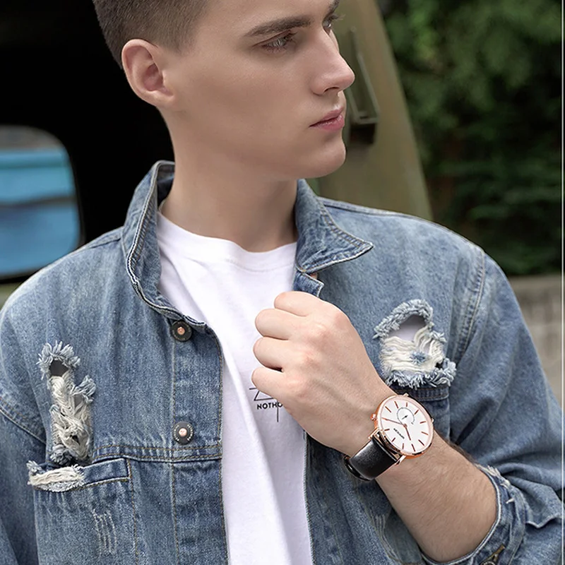 Роскошные Брендовые мужские наручные часы простой дизайн с двойным циферблатом