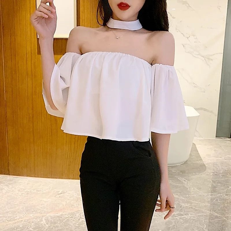 

Женские футболки с открытыми плечами, летние тонкие футболки, сексуальные топы без бретелек с лямкой на шее