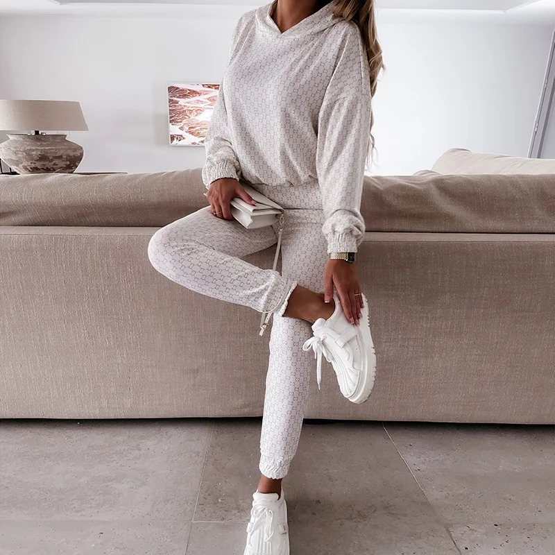 

Fashion Two Piece Tracksuit Women's Suit Autumn Casual Print Long Sleeve Hooded Pullover Loose Regular Trousers Suits Sport Suit