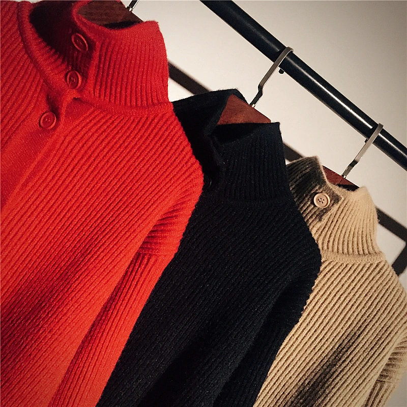 

2020 Women Spring New Fashion Loose Red Cardigans Female Solid Colror Casual Turtleneck Korea Long Sleeve Knitted Top QL198