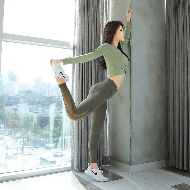 Зеленый Спортивный комплект Женский из 2 предметов для йоги топы бега фитнеса