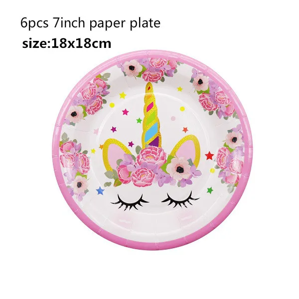 7inch plate Вечерние одноразовые украшения в виде единорога, набор столовых приборов, ободок для волос в виде русалки, обертка для торта, для детского дня рождения, свадьбы - Цвет: 7inch plate