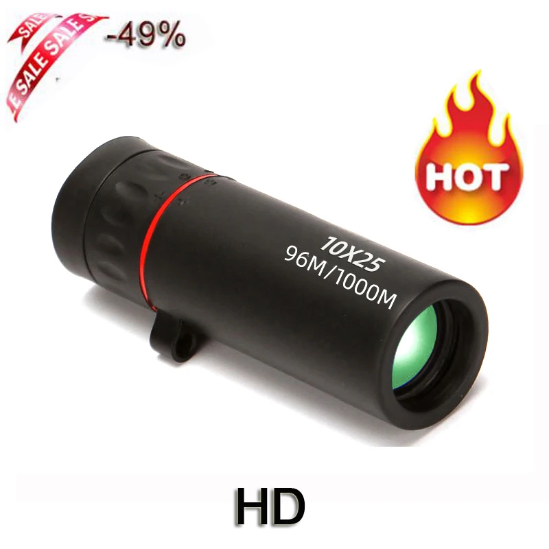 

Hot Selling HD 10x25 Monocular Telescope Binoculars Zoom Focus Green Film Binoculo Optical Hunting High Quality Tourism Scope