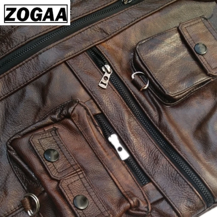 ZOGAA жилет мужской кожаный из натуральной кожи мотоциклетный с множеством