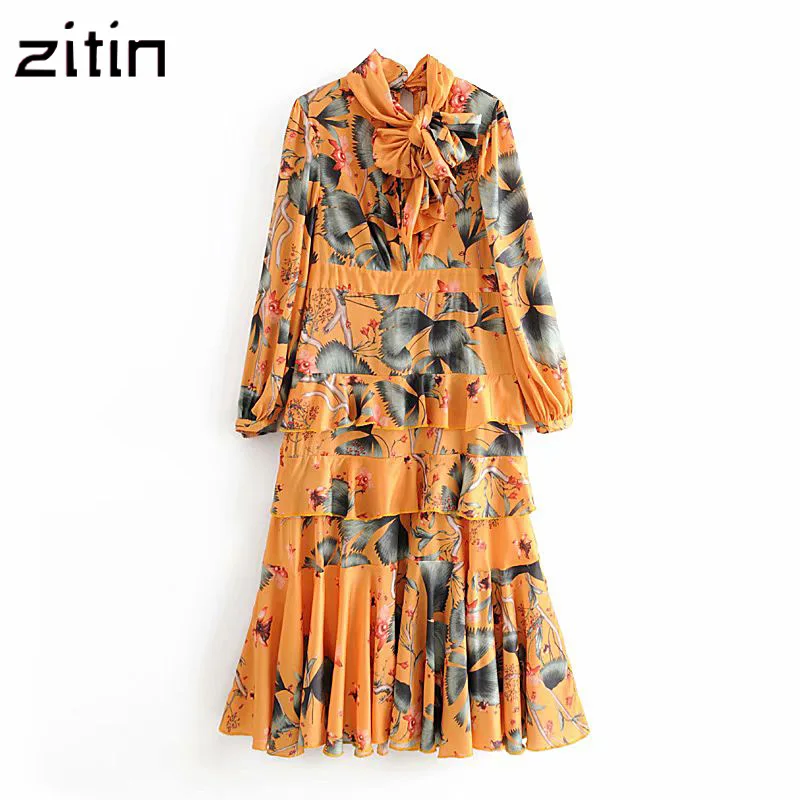 Женское модное платье миди с цветочным узором длинным рукавом украшенное