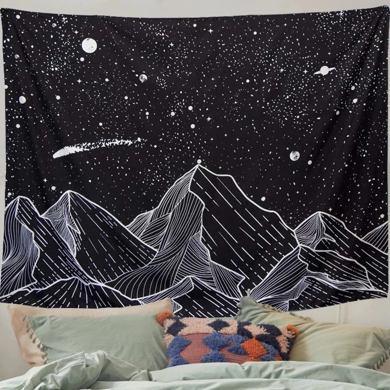 

Moon Mountain Tapestry Wall Hanging Stars Black Decor Celestial Wall Tapestry Dorm Home Hippie Tapestry