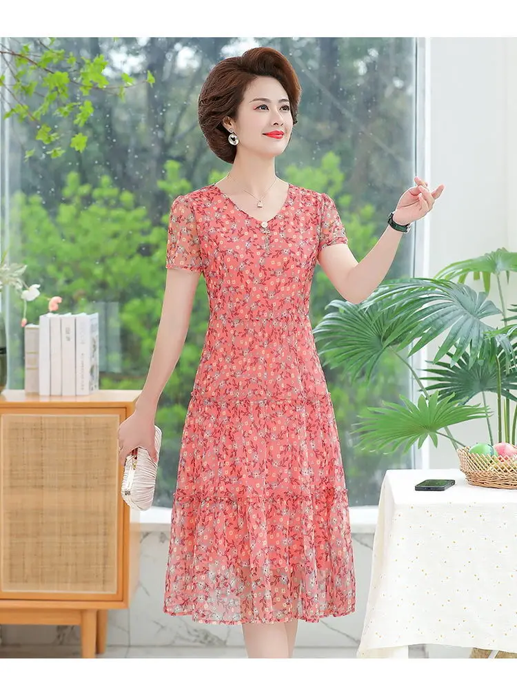 

2021 fashion new ladies spring and summer short-sleeved dress net yarn western-style print women's dress