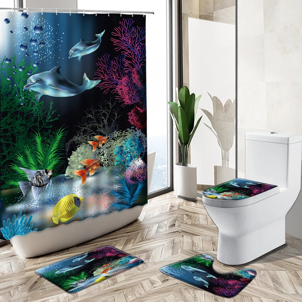 Online 3D Ocean Design Dolphin Tessuto Impermeabile Bagno Tenda Da Doccia Set Animale Balena Antiscivolo Piedistallo Tappeto Copriwater Home Deco