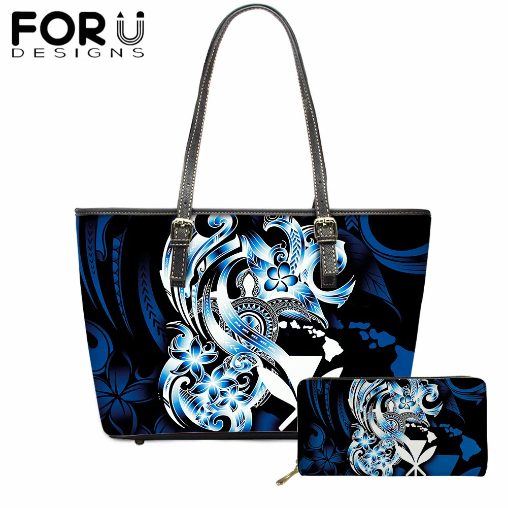 

FORUDESIGNS Hawaiian Tribe Floral With Turtle Fashion PU Leather Women's Handbags Large Capacity Designer Ladies Casual Tote Bag