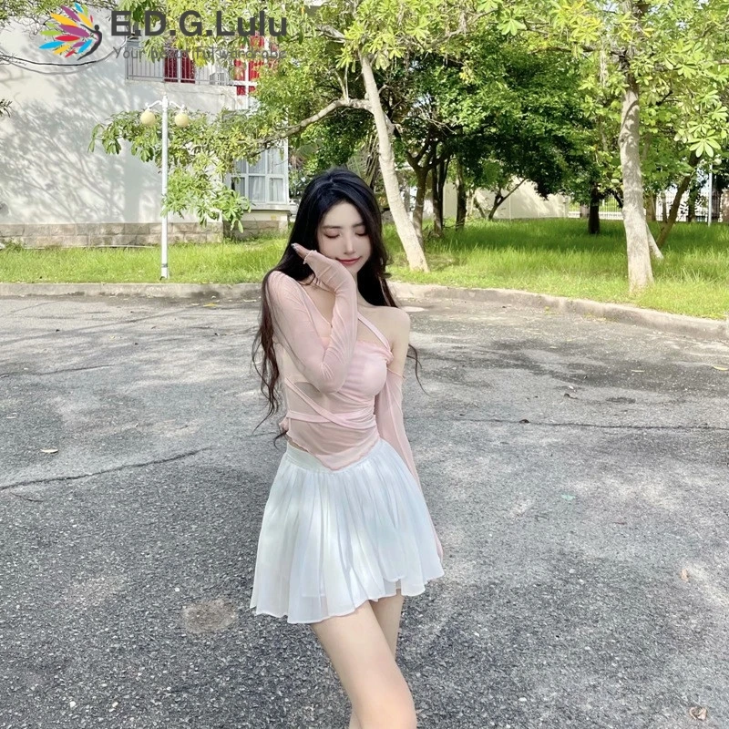 

EDGLuLu Fashion Sexy Womens Ladies T-shirts One Shoulder Long Sleeve See-through Top Clubwear Tulle Mesh Light Blue T-shirt 0615