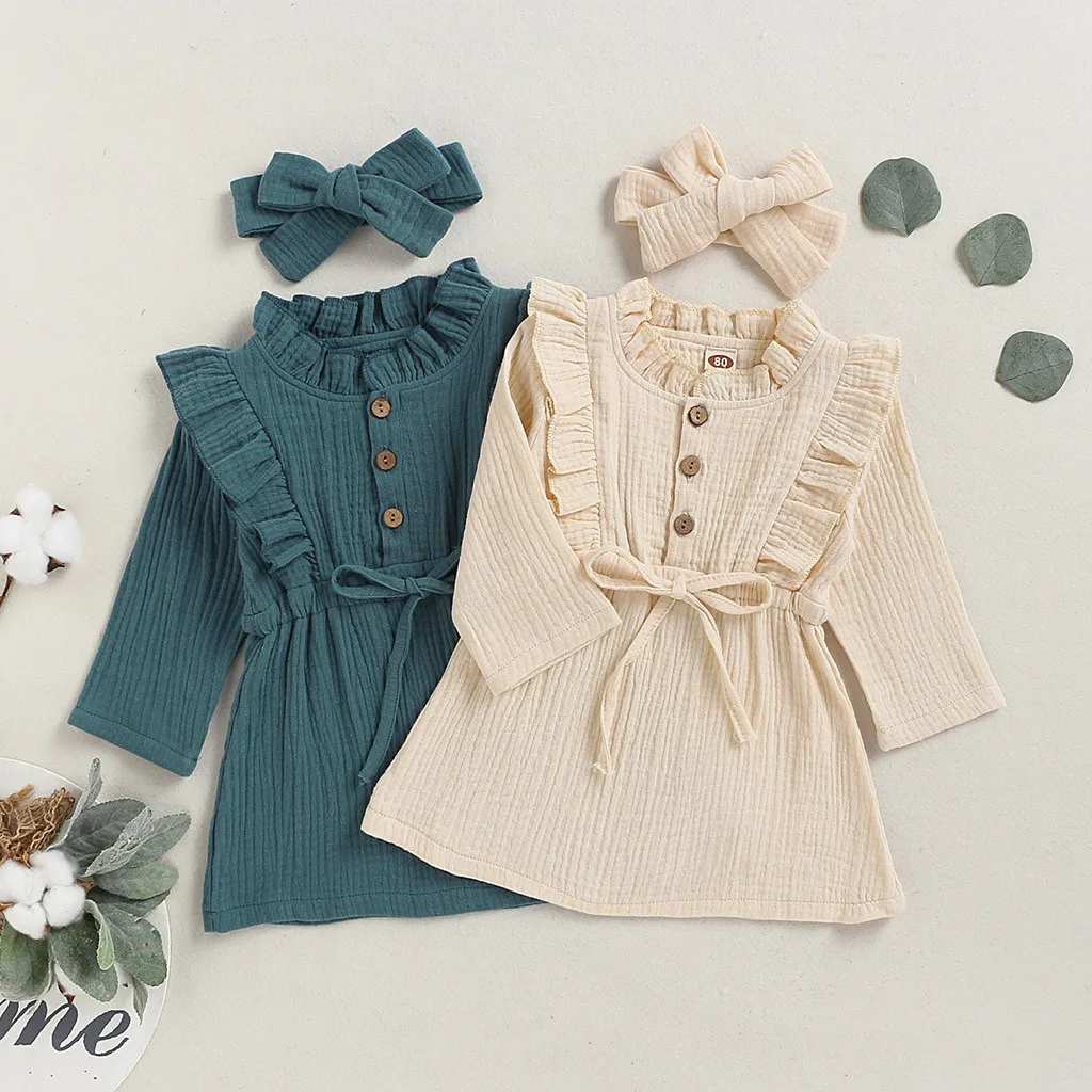 Модное однотонное льняное платье с бантом и длинными рукавами для маленьких