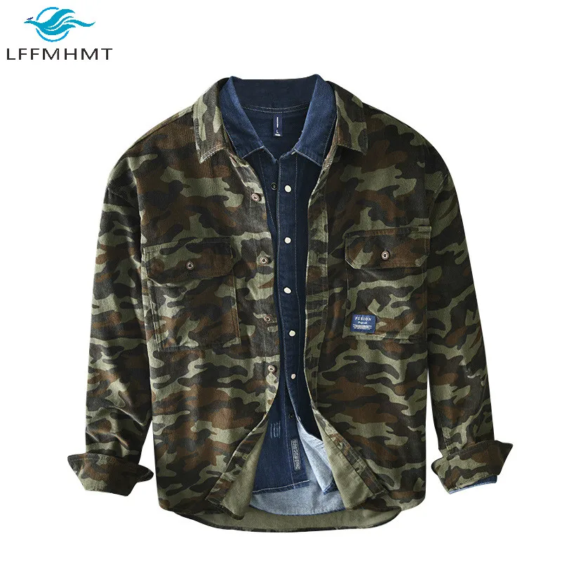 Рубашка мужская Вельветовая модная винтажная камуфляжная рубашка с двумя