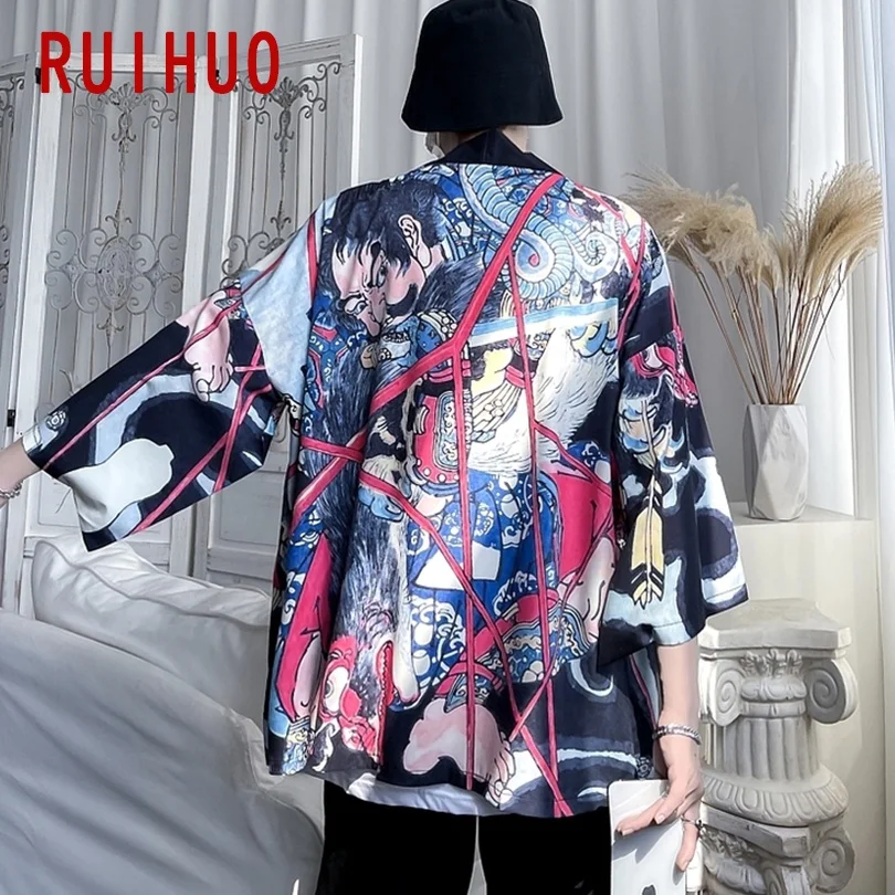 

RUIHUO Kimono Men Clothing Summer Harajuku Kimono Cardigan Short Sleeve Shirt Male Japanese Streetwear M-3XL 2021 New Arrivals