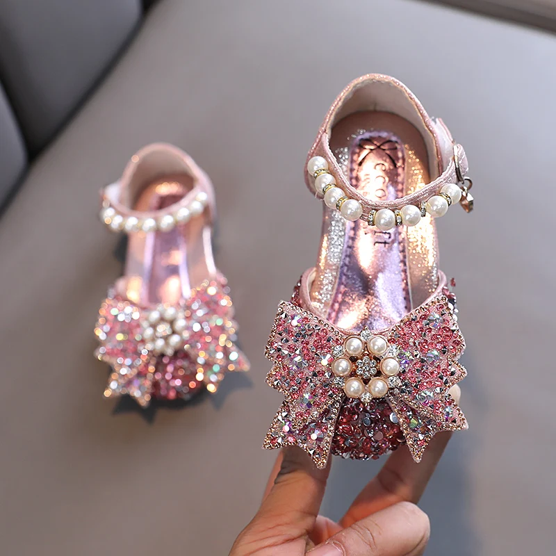 New Kids Sequin Pearl Bow Sandals Hot Sale Girls Princess Shoes Baby Flat Shoes Children Fashion Bling Soft Dance Party Shoes