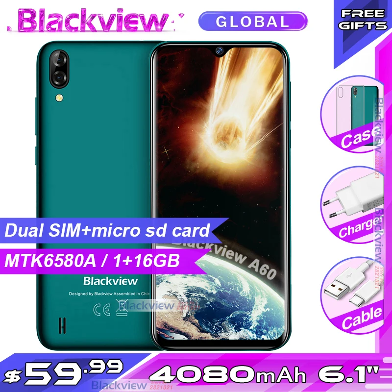 Новое поступление Blackview A60 смартфон 4080 мАч батарея 19:9 6,1 дюймов с двойной камерой 1 ГБ Оперативная память 16 Гб Встроенная память мобильного телефона 13MP+ 5MP Камера