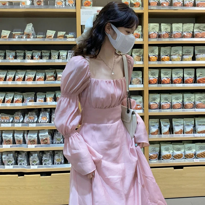 

Pinkou Women Sweet Pink Midi Dress Square Collar Back Cut Out Bow Tie Flare Sleeve England Style Female Cute Dresses QA224
