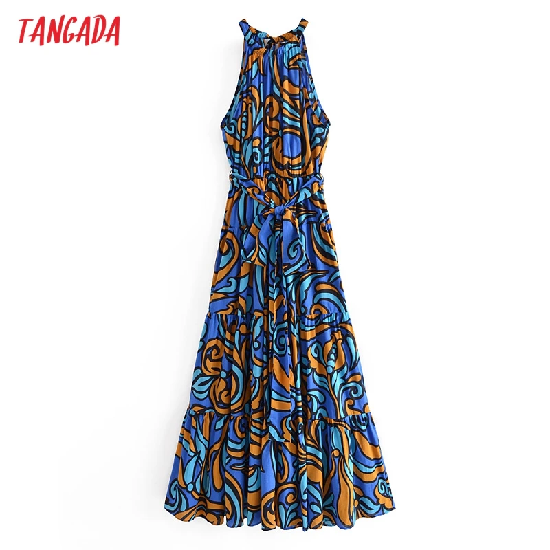 

Tangada Fashion Women Leaf Print Summer Tank Dress 2021 New Arrival Sleeveless Ladies Midi Sundress With Slash QN114
