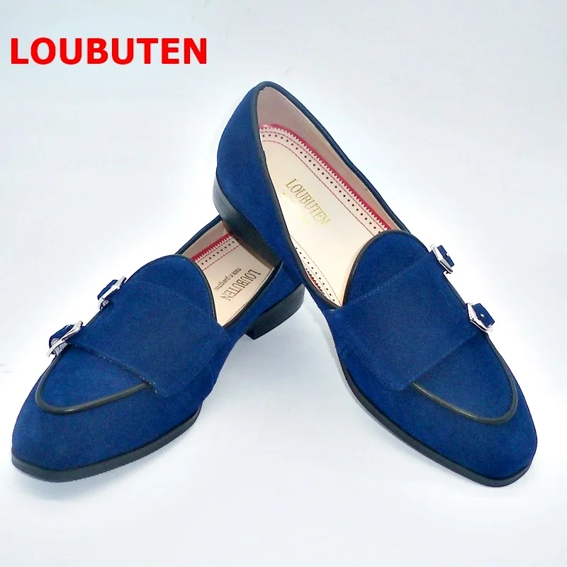 Мужские замшевые лоферы ручной работы LOUBUTEN темно-синие роскошные кожаные туфли