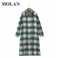 molan vintage green plaid wool overcoat woman loose fashion 2021 new lapel singal breasted winter jacket female chic outwear