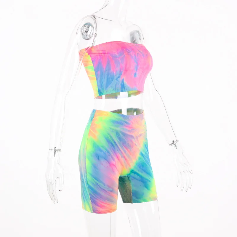 

Women's Summer Outfits 2-Piece Set Fashion Sleeveless Sexy Tie-dye Print Tube Top + Shorts Set Casual Sports Set