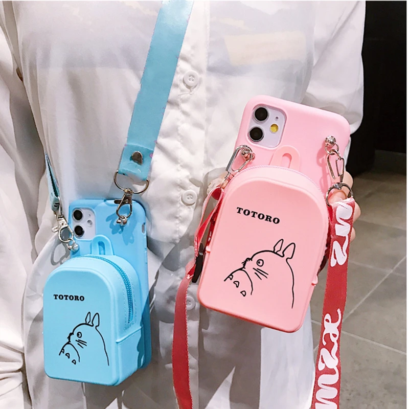 

Japan Anime Cute Totoro Coin Bag Card Bag + Lanyard Couple Gift Phone Case for Iphone 12Mini 11Pro MAX XR 7 8plus X SE20 Cover