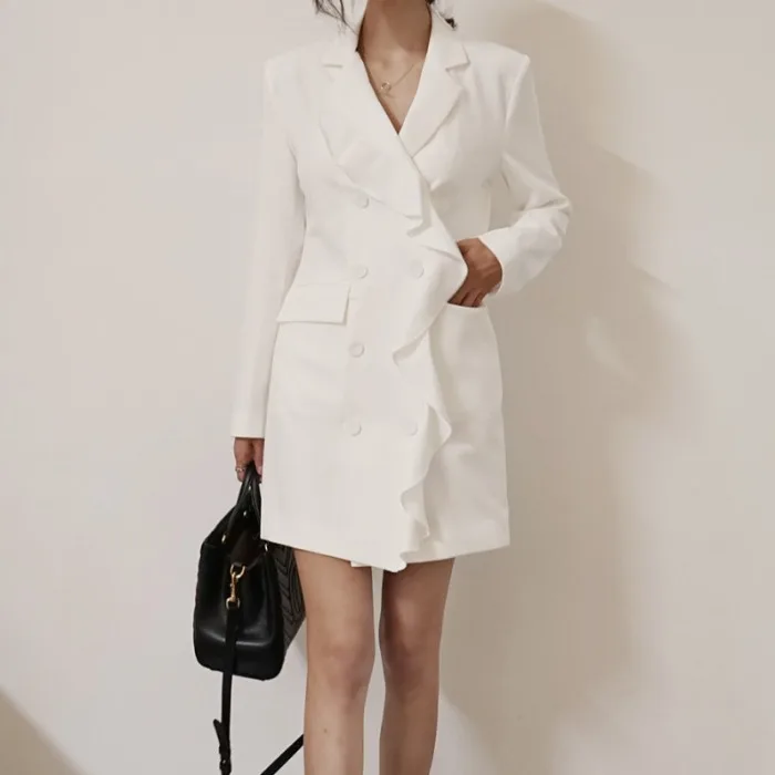 

Miss Don't Korean Chic Autumn and Winter New French Style Temperament Lotus Ruffled Slim Slimming Double Breasted Suit Skirt